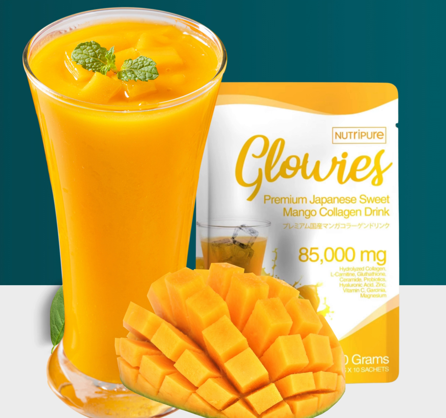 Glowies mango collagen drink poured into a glass